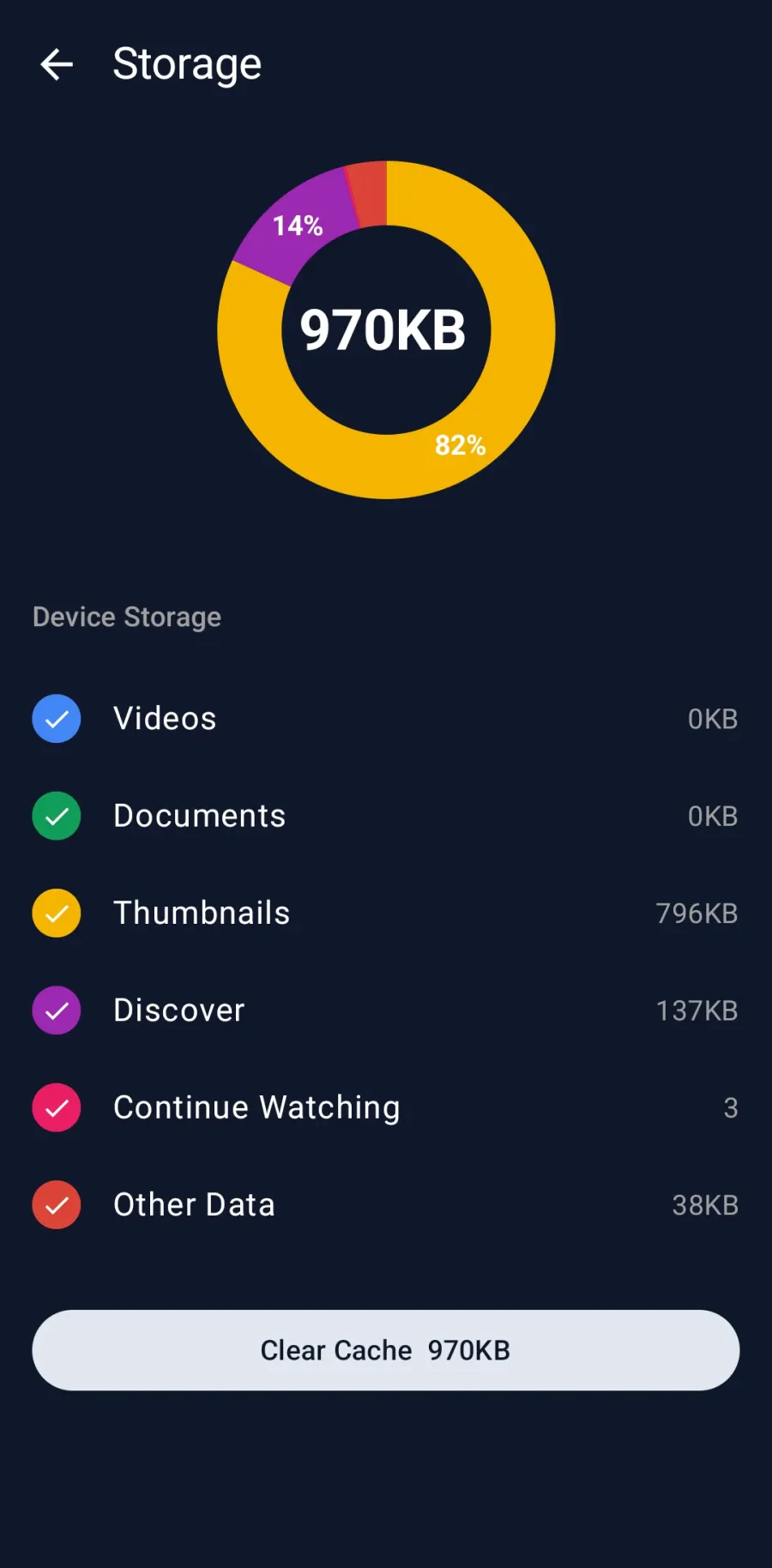 Echogram storage screen showing a small cache size and a Clear Cache button